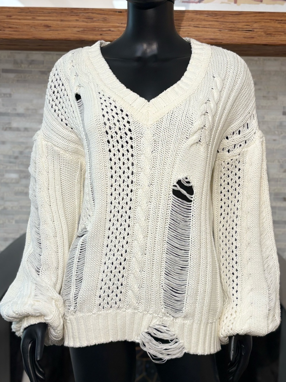 House of Harlow x Revolve Cream Distressed Chunky Cable Knit Sweater XS